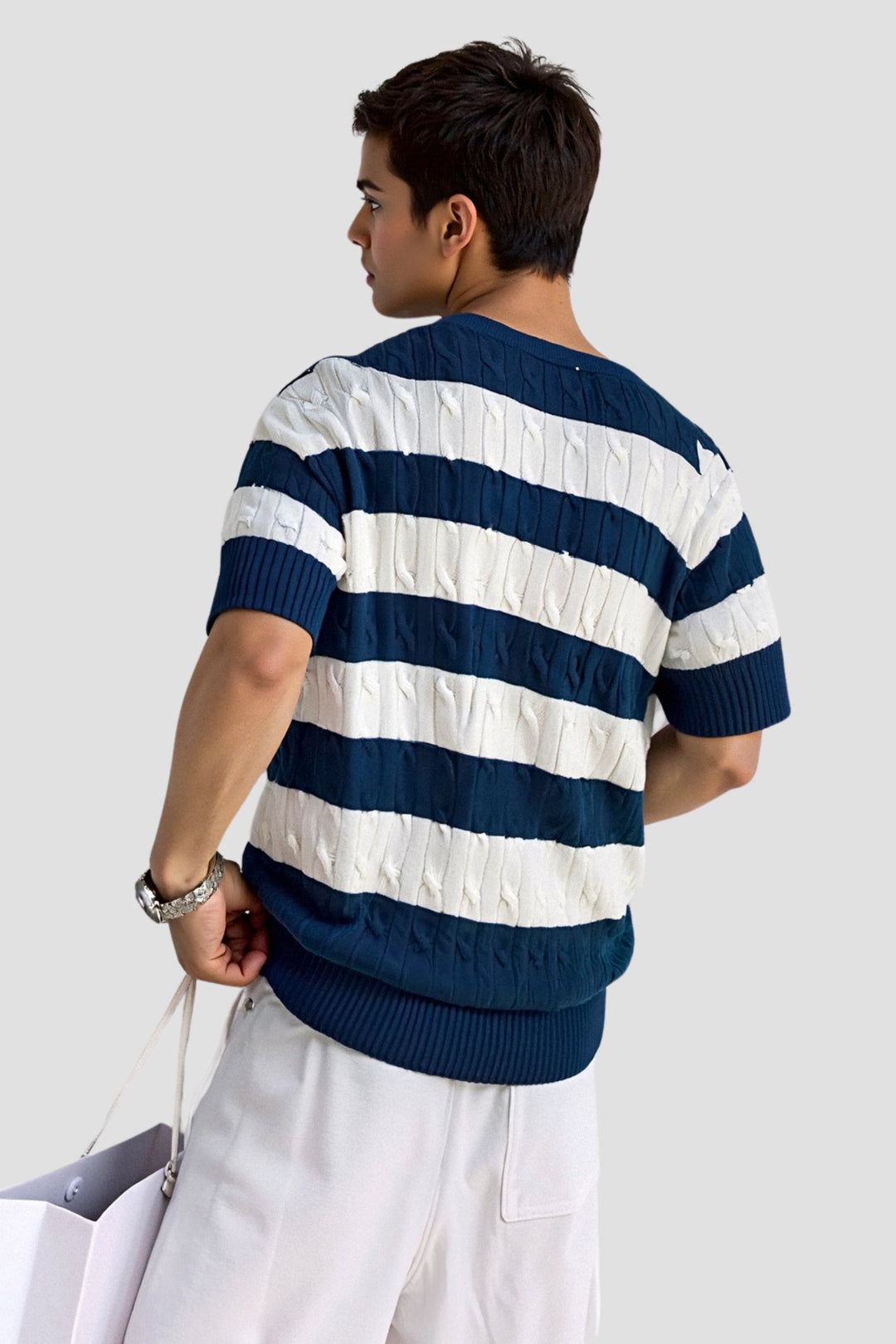 VEDORE - Maglietta girocollo a righe in maglia a cavo